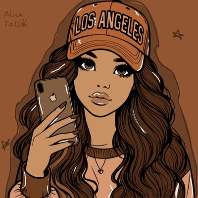 realistic beautiful girl wearing los ángeles cap holding an iphone