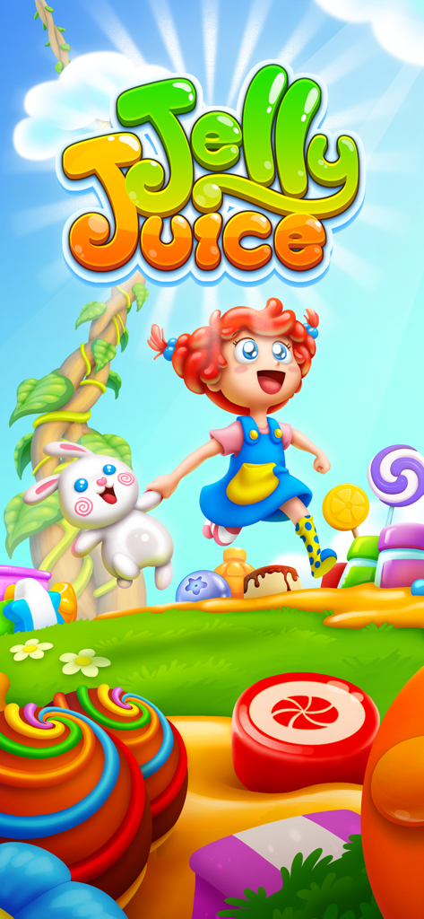Jinny and Mr. Gummy Bunny running through a colorful candy land in the Jelly Juice game splash screen