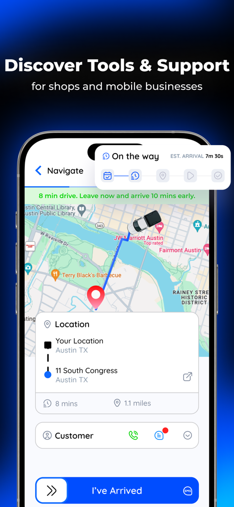 fieldd - Interfaccia dell'app Fieldd che mostra la navigazione GPS in tempo reale e l'orario di arrivo stimato per un lavoro di servizio mobile.