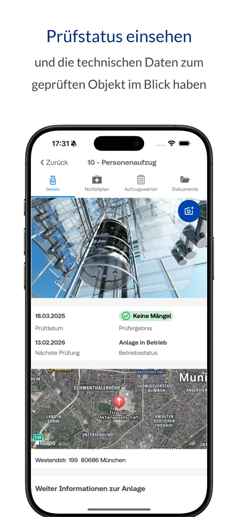 Interface da aplicação TÜV SÜD Verify mostrando o status da inspeção e detalhes técnicos de um elevador de passageiros