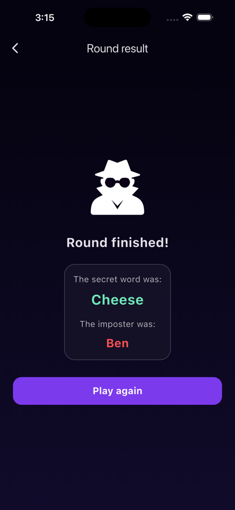 La schermata del risultato del round del gioco di società The Imposter che rivela la parola segreta Formaggio e nomina Ben come impostore