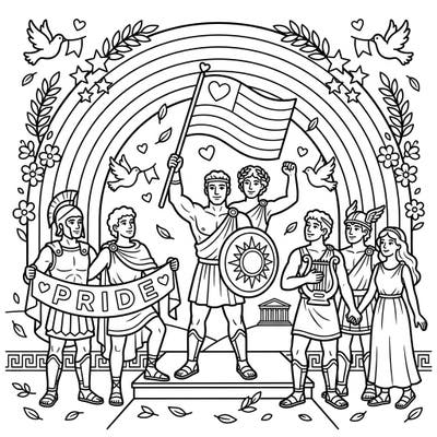 Unite the ancient world with modern celebration in this unique Greek Heroes Pride Month coloring page, perfect for kids. Immerse young artists in a vibrant scene of courage, diversity, and joy as legendary figures celebrate together.