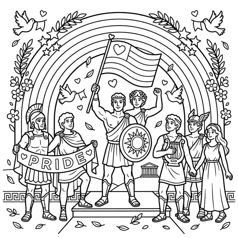 Unite the ancient world with modern celebration in this unique Greek Heroes Pride Month coloring page, perfect for kids. Immerse young artists in a vibrant scene of courage, diversity, and joy as legendary figures celebrate together.