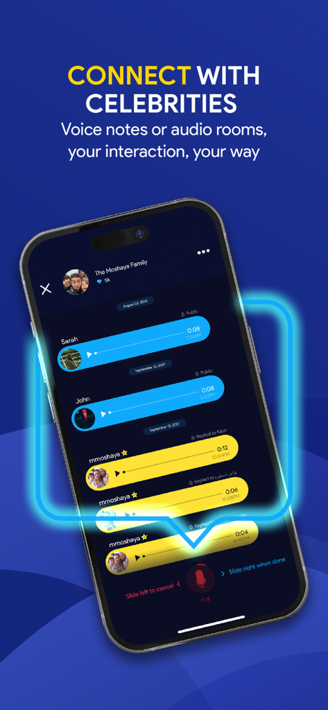 VUZ: Live 360 VR Videos - VUZ app interface for interacting with celebrities through voice notes and audio rooms.