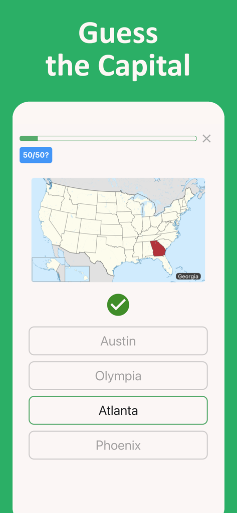 A mobile quiz screen from the 50 States and US Capitals Game app showing a map with Georgia highlighted and Atlanta selected as the correct capital