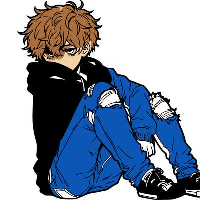 a male hoddie ripped jeans messy hair anime