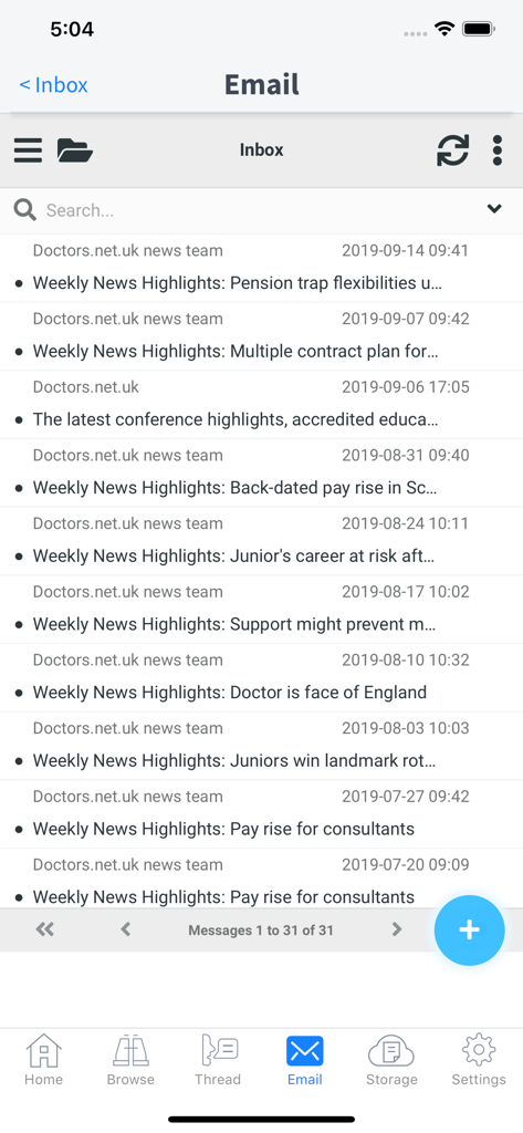 my Doctors.net.uk - Email inbox displaying medical news highlights in the Doctors.net.uk app