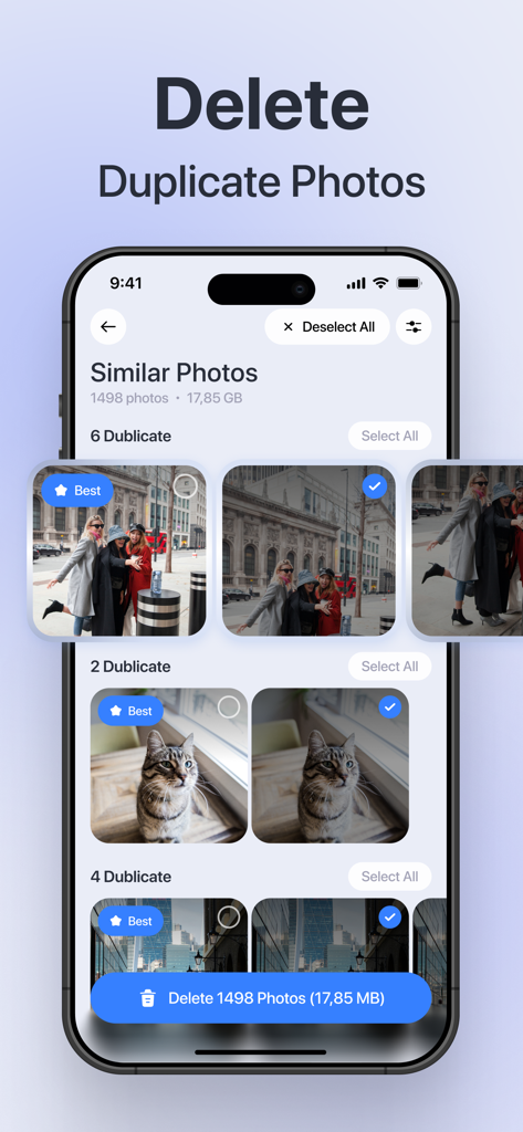 Captura de pantalla de la aplicación Cleaner Plus que muestra la interfaz para identificar y eliminar fotos duplicadas para liberar espacio de almacenamiento.