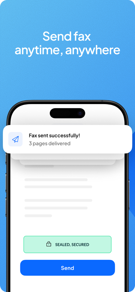 Smartphone screen displaying a successful fax sent notification in the Fax.Plus app