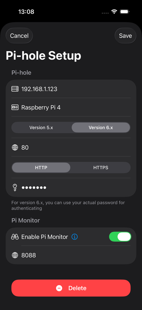 Pi Stats Mobile - Pantalla de configuración para Pi Stats Mobile mostrando la dirección IP de Pi-hole, la selección de versión y la configuración de Pi Monitor