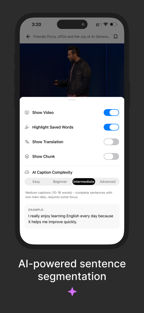 Interface de l'application PlayLingo montrant les paramètres de complexité des légendes IA et les options de segmentation de phrases pour l'apprentissage de l'anglais.