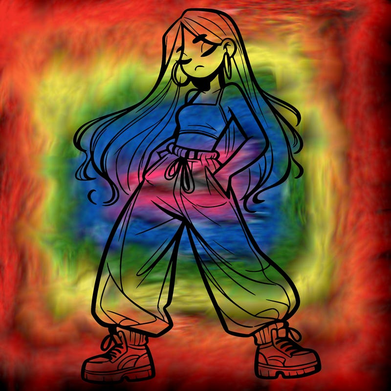 girl in baggy pants crop top and long hair