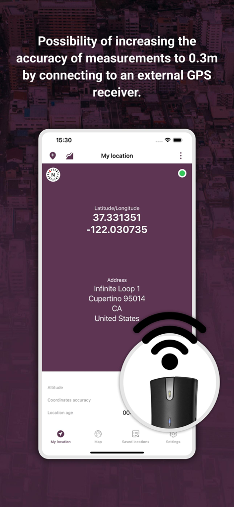 My GPS Locationアプリのインターフェイスに、緯度経度座標と、高精度用の外部GPSレシーバーのサポートが表示されています