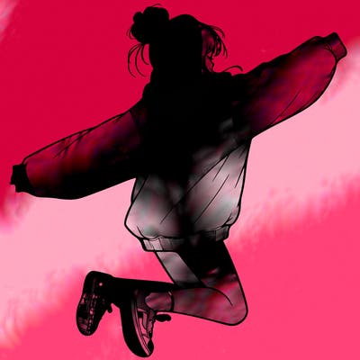 realistic girl jumping with a bun and oversized sweatshirt