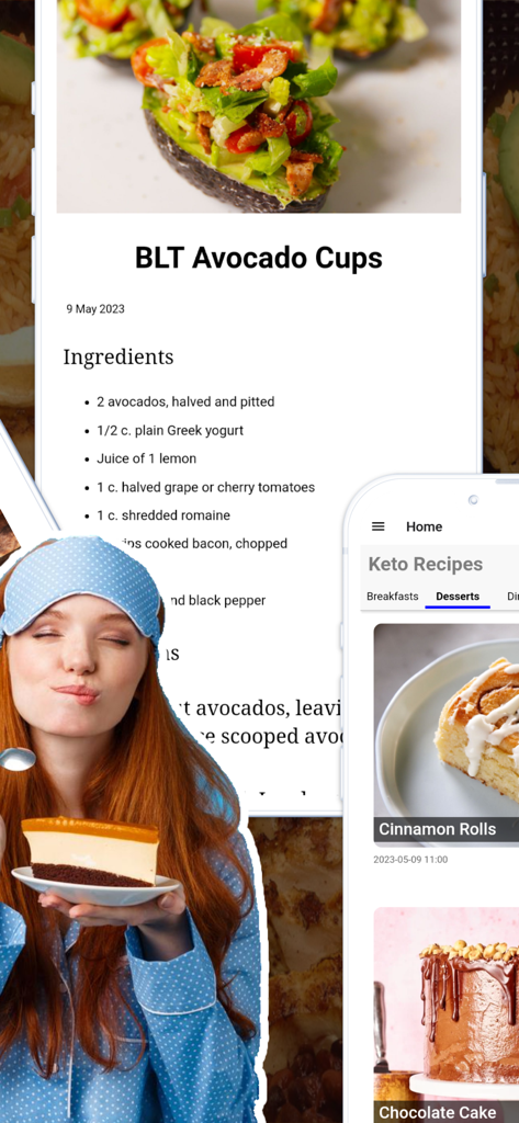 Keto Diet App: Recipes & Tools - A woman in blue pajamas holding a keto-friendly cake next to an app interface displaying recipes for BLT Avocado Cups and various low-carb desserts.