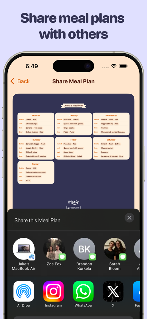 Weekly Meal Planner - Mealy - Ein Smartphone-Bildschirm, der die Funktion zum Teilen des Essensplans zeigt, mit Optionen zum Senden eines Wochenplans über AirDrop, Instagram und WhatsApp.