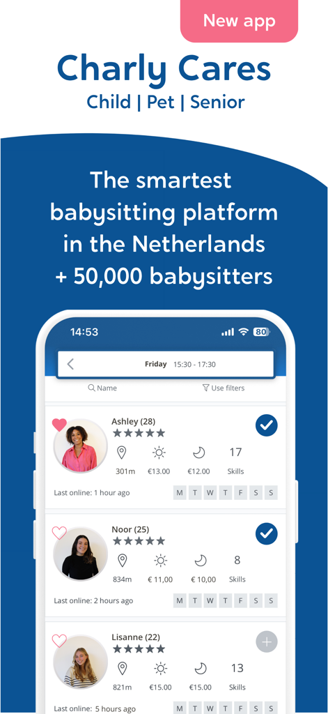 Charly Cares | Babysitting App - Charly Caresのベビーシッターアプリのインターフェース。評価と時給が表示された、審査済みのベビーシッターのリストを表示しています。