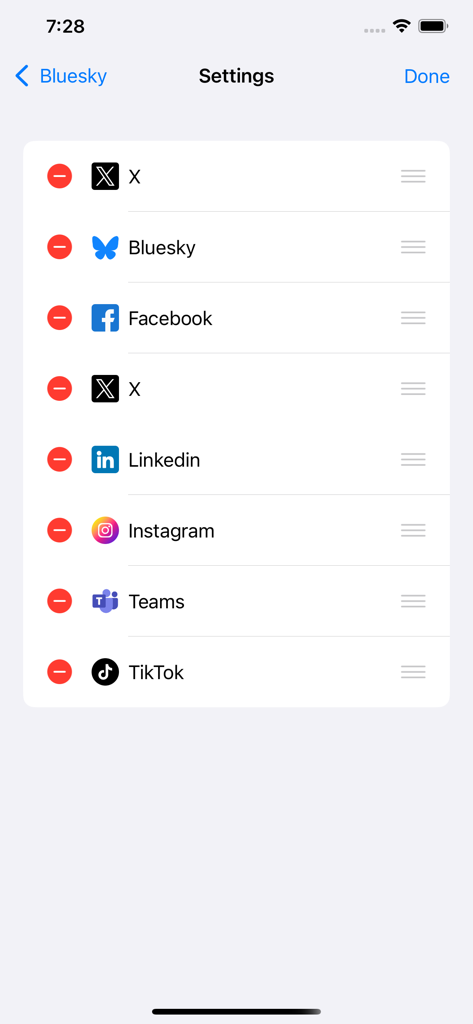 SNS One Pocket - SNS One Pocket settings interface displaying a list of managed social media accounts like X Facebook and Instagram