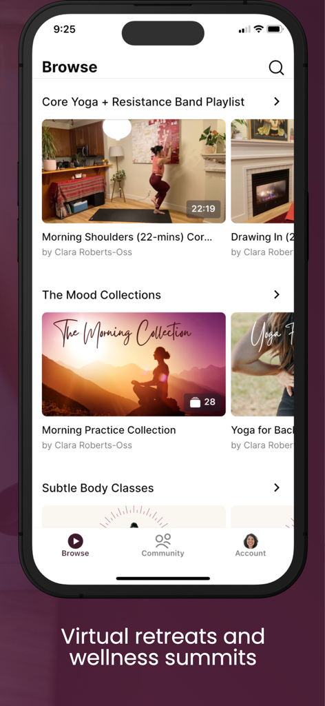 Practice with Clara - Interface of the Practice with Clara app browse screen showing curated yoga playlists and the morning collection