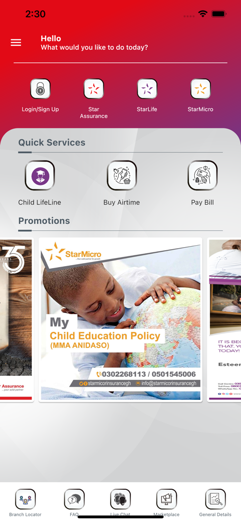myStar - Interface of the myStar mobile app displaying insurance services and bill payment options