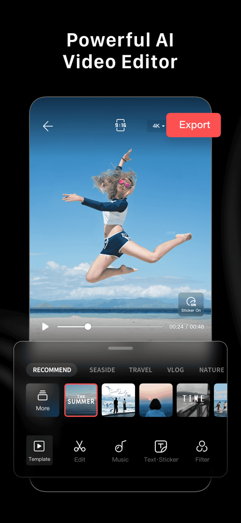 LightCut - AI Video Editor - Interfaccia dell'app editor video AI LightCut che mostra un'anteprima video di una spiaggia e modelli di editing