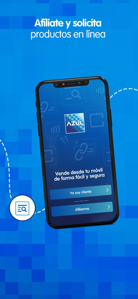 App AZUL - Interfaz móvil de App AZUL para afiliación digital de comercios y solicitudes de productos en línea.