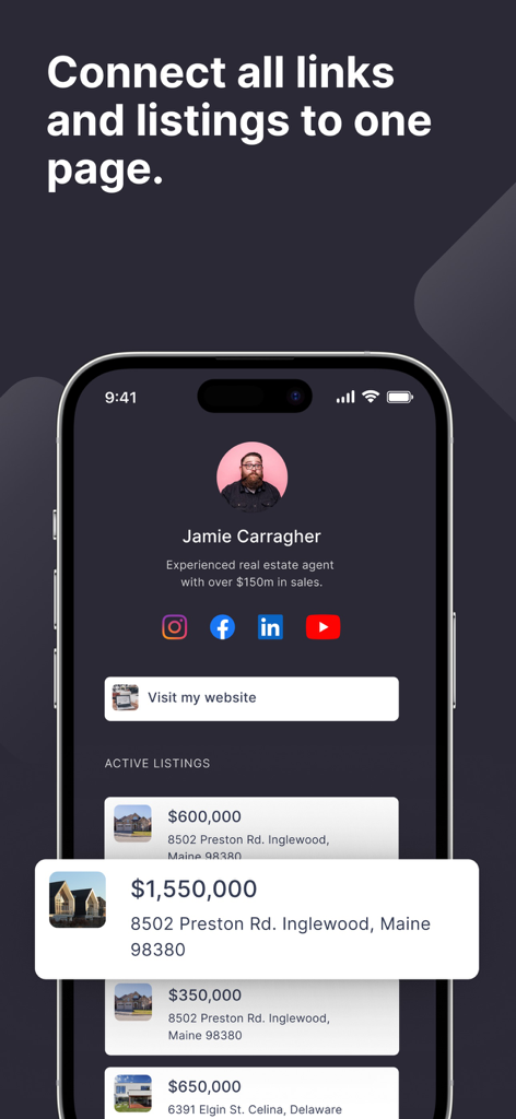 Real estate agent profile page on Atllas app showing social media links and property listings