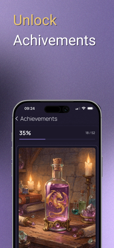 Fabl – Immersive Reading - Fabl app interface showing reading achievements progress and a fantasy illustration of a dragon in a bottle.