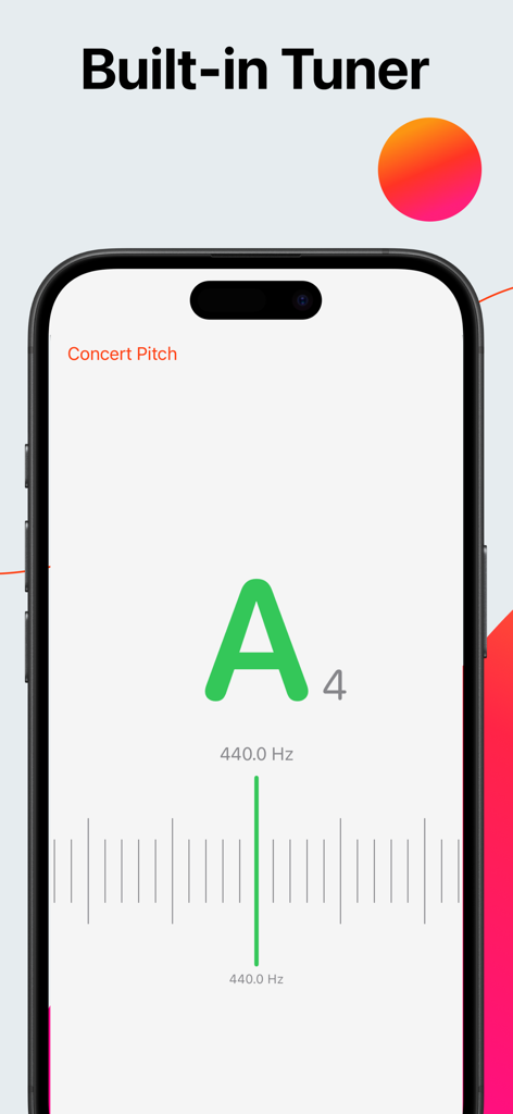 Metronome Beats: Pulse & Tempo - Integrierte chromatische Stimmgerät-Oberfläche, die eine präzise A4-Note bei 440 Hz zeigt.
