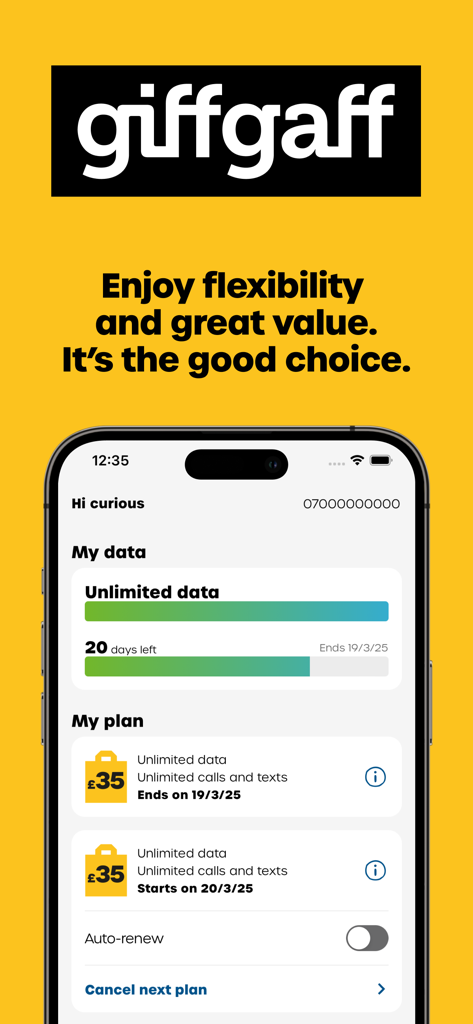 Le tableau de bord de l'application mobile giffgaff affiche l'utilisation illimitée des données et les détails du forfait sur un fond jaune.