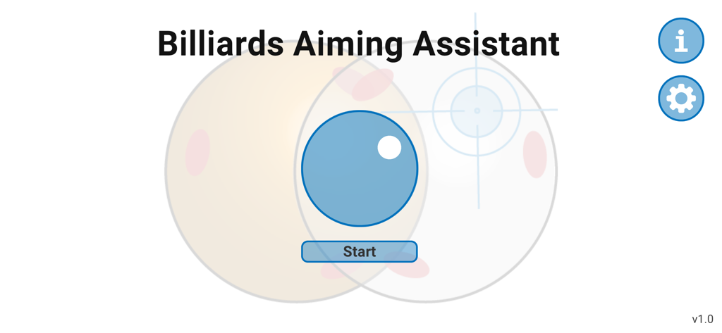 Billiards Aiming Assistant - Home screen of the Billiards Aiming Assistant app showing the start button and aiming diagrams for carom billiards.
