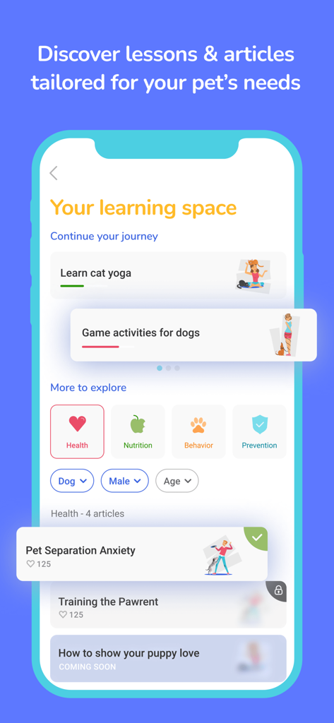 Digitail - Smarter Pet Care - Digitailアプリの学習スペース画面には、ペットの健康に関する記事と行動レッスンが表示されています