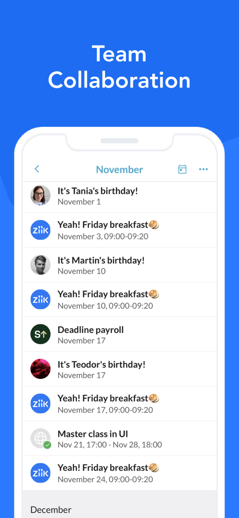 Ziik - The Social Intranet - チームコラボレーションのアクティビティやイベントのカレンダーリストを表示するZiikモバイルアプリের画面