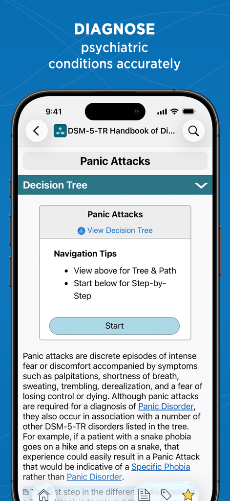DSM-5-TR Diagnosis Handbook app interface showing the interactive decision tree for panic attacks
