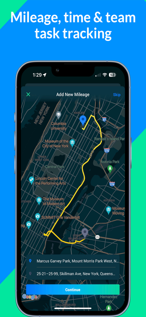 Interfaccia dell'app Fiskl che mostra il tracciamento dei chilometri e delle attività con un percorso mappato a New York City.