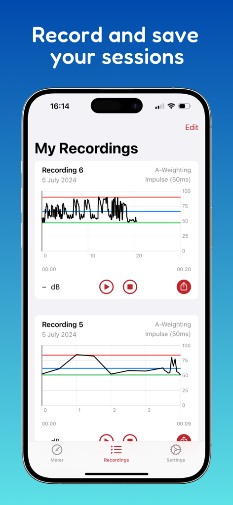 데시벨 측정기 앱 인터페이스, 자세한 소음 그래프와 함께 저장된 음향 수준 기록 목록 표시