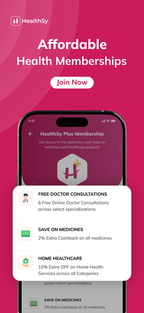 HealthSy-Online Healthcare App - Mobile app screen showing HealthSy Plus Membership benefits including free doctor consultations and discounts on medicines and home healthcare