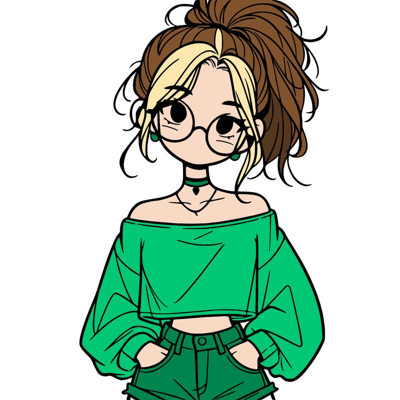 girl with a messy ponytail glasses a baggy crop top and jean shorts