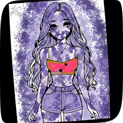 a realistic girl with long hair and in a crop top and shprts