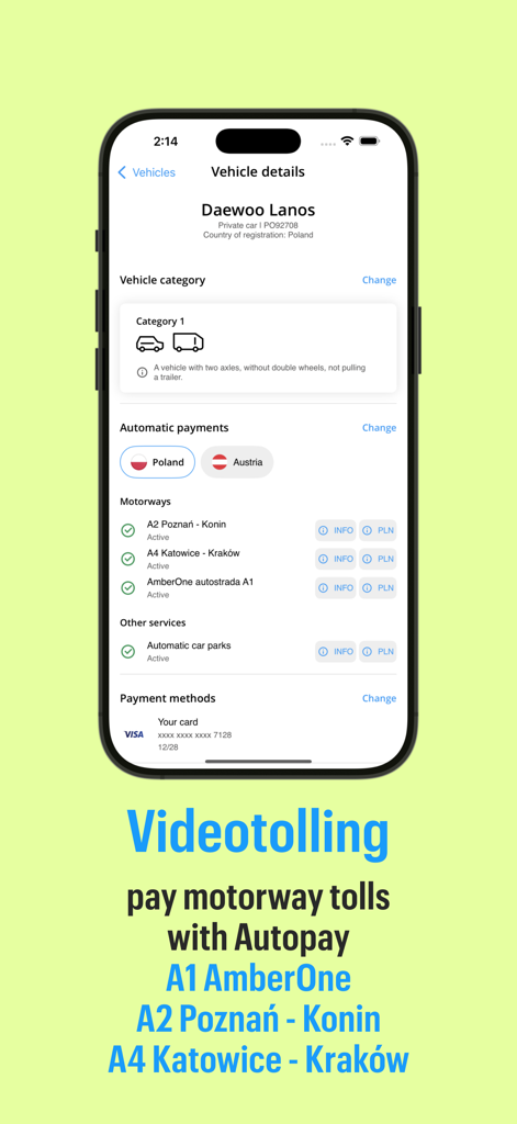 Autopay. Vignettes, motorway - Smartphone screen showing Autopay app vehicle settings for automatic European motorway toll payments.