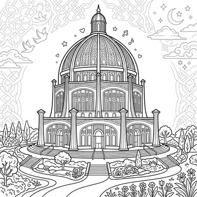 Discover the serene beauty of a Baha'i House of Worship with this intricate coloring page, celebrating a symbol of unity and peace. Enjoy a mindful artistic journey as you bring this majestic nine-sided temple and its tranquil gardens to life with your favorite colors.