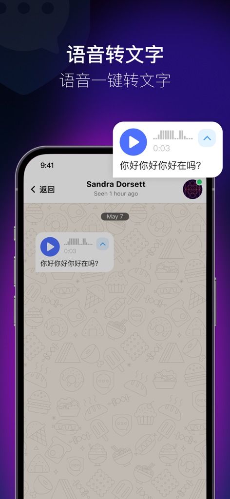 SafeW - 云办公助理 - Interface of SafeW app showing a voice message being transcribed into text in a private messaging chat.