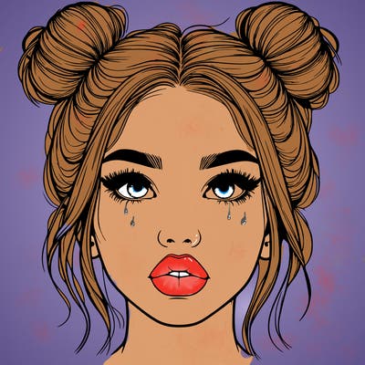 realistic girl with two buns on her hair and lips