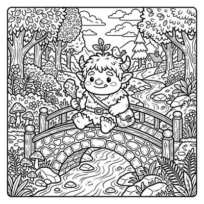 Embark on a charming coloring journey with this Kawaii bridge troll, perched adorably on its stone bridge amidst a vibrant forest scene. Its sweet expression and the detailed natural surroundings promise a delightful artistic escape.