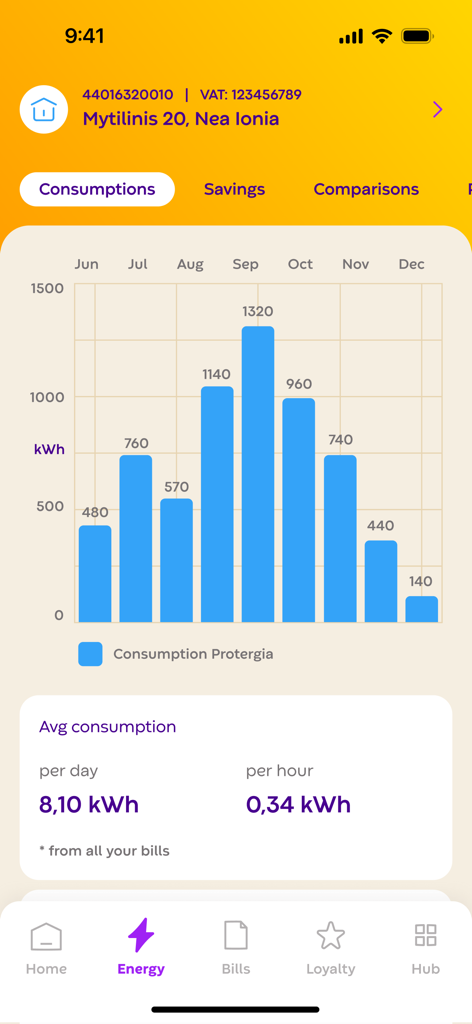 Protergia - Interface de l'application Protergia montrant un graphique à barres de la consommation d'énergie mensuelle et des statistiques d'utilisation