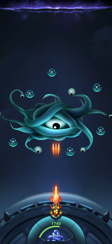 Space Outpost: Drone War - Una nave espacial atacando a un jefe alienígena gigante tentaculado de un solo ojo en Space Outpost Drone War