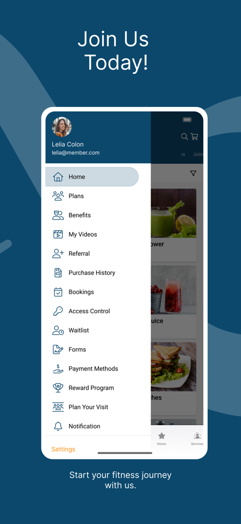 Side navigation menu of the Wellyx app showing account management features including bookings plans and payment methods