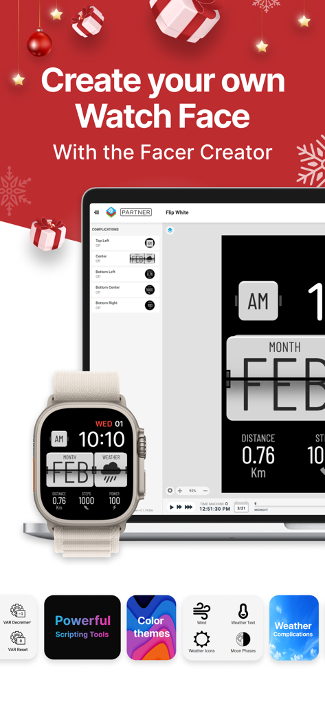 Laptop screen showing the Facer Creator tool for designing custom watch faces next to an Apple Watch displaying a personalized face.