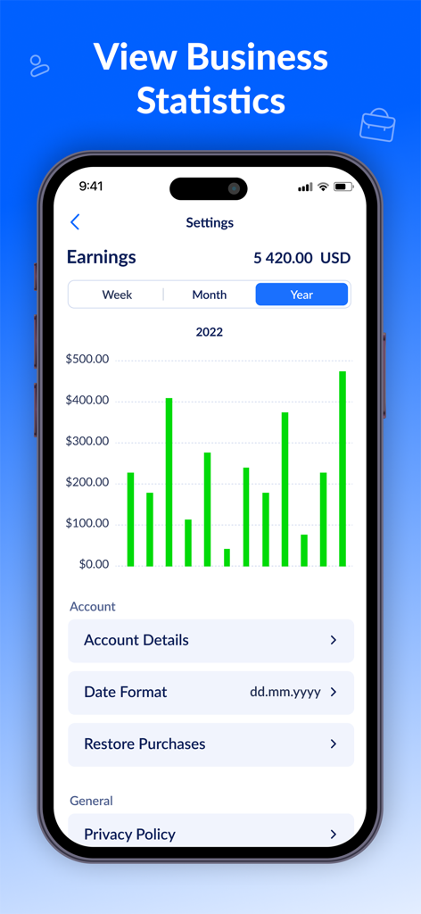 Invoice Maker - Generator App - Interface de aplicativo móvel exibindo ganhos anuais de negócios com um gráfico de barras verde e renda total