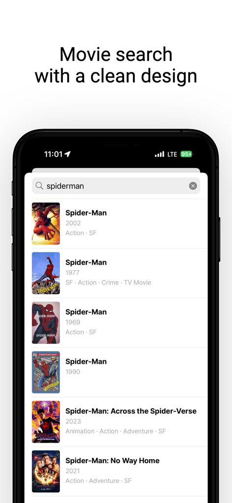 LifeMovie - LifeMovie app movie search results for Spider-Man showing a clean and minimalist user interface